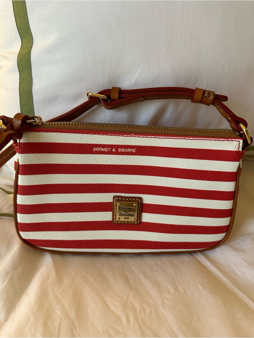 Dooney & Bourke Red and White Striped Crossbody with Brown Trim